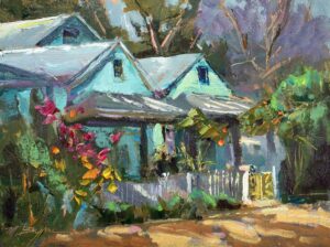 Impressionistic painting of colorful tropical cottages surrounded by lush foliage and flowers.