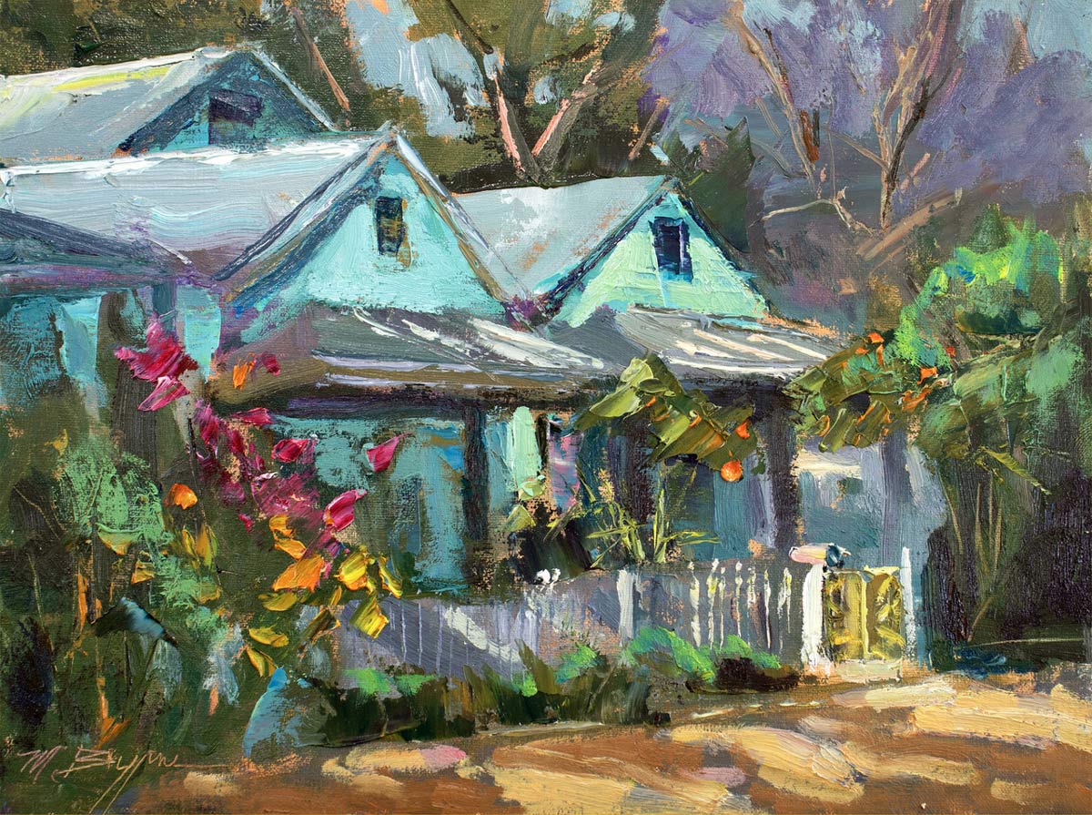 Impressionistic painting of colorful tropical cottages surrounded by lush foliage and flowers.
