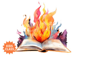 Illustration of an open book with watercolor flames rising from its pages, symbolizing creativity and imagination; marked as a kids’ class.