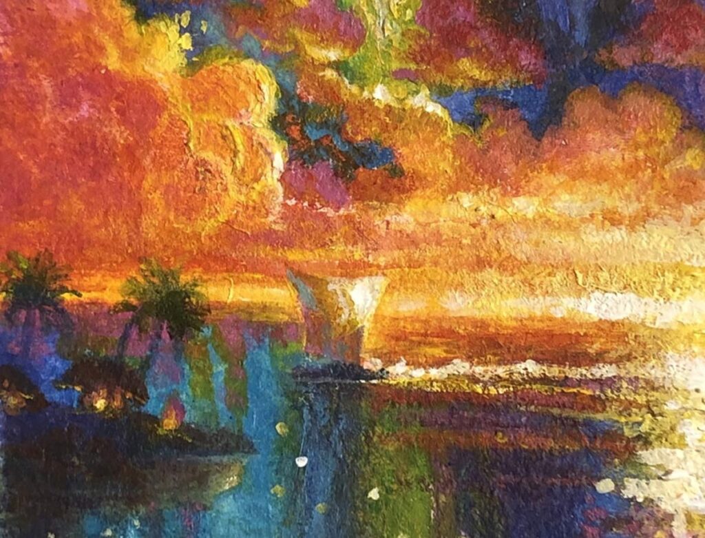 Vibrant painting of a tropical sunset over water, with rich orange, purple, and blue tones.
