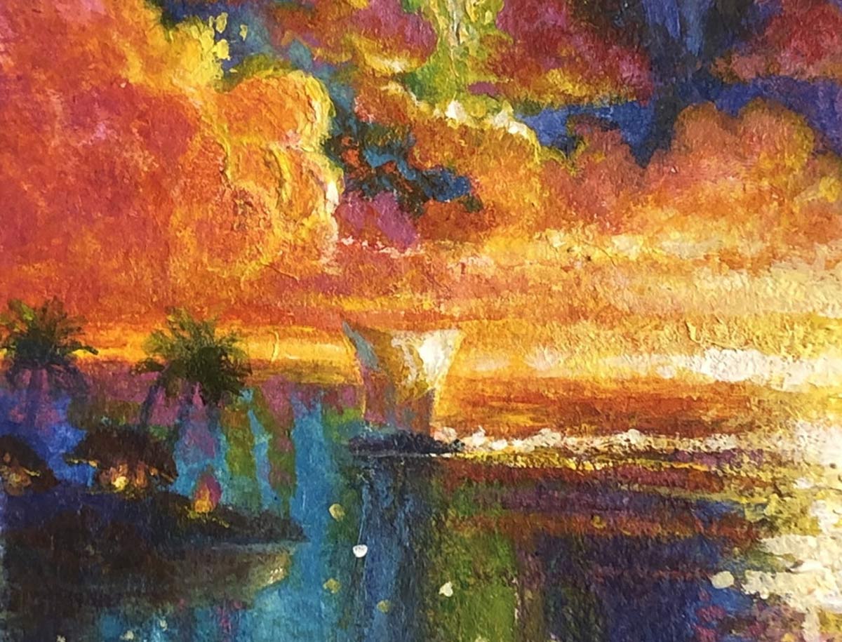 Vibrant painting of a tropical sunset over water, with rich orange, purple, and blue tones.