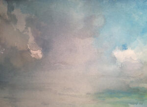 A soft watercolor painting of a cloudy sky with subtle gradients of blue, lavender, gray, and hints of green near the horizon. The diffuse, blended colors create an airy, atmospheric effect.