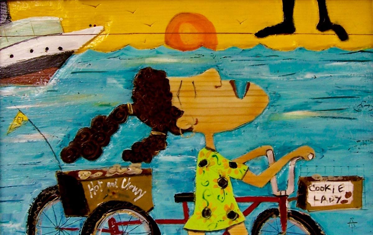 thurber-cookie-lady Whimsical painting of a woman riding a red bicycle by the ocean with signs reading “Hot and Chewy” and “Cookie Lady.”