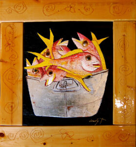 Vivid painting of red and yellow fish in a silver bucket, framed by carved and varnished wood with decorative spiral patterns.