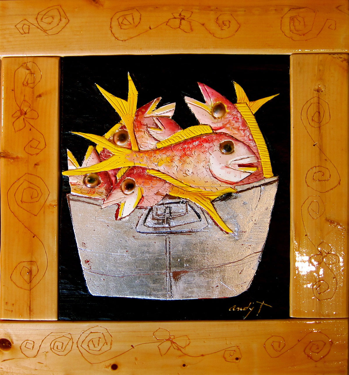 thurber-fish Vivid painting of red and yellow fish in a silver bucket, framed by carved and varnished wood with decorative spiral patterns.