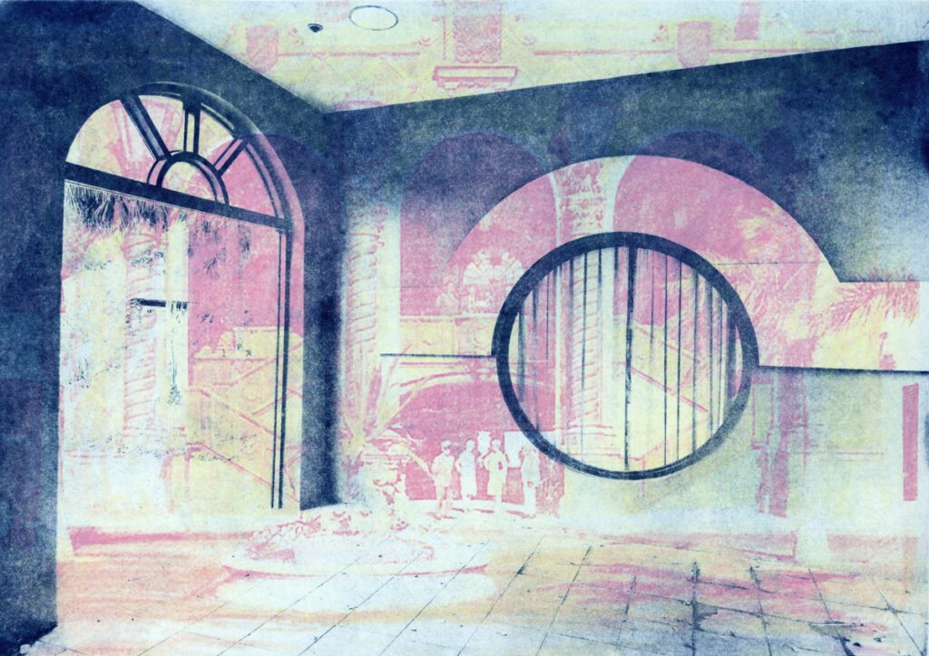 A layered print featuring architectural shapes such as arches and windows in muted pastel colors—pink, blue, and yellow. Ghostlike figures and palm tree textures blend into the scene, giving the composition a dreamy, historic, washed-out effect.