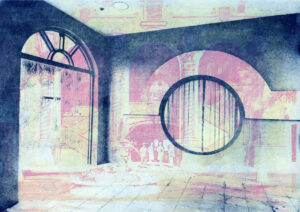 A layered print featuring architectural shapes such as arches and windows in muted pastel colors—pink, blue, and yellow. Ghostlike figures and palm tree textures blend into the scene, giving the composition a dreamy, historic, washed-out effect.