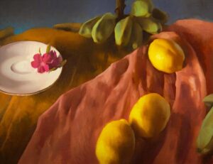 Still life painting of bright yellow lemons on a pink cloth with bananas in the background and a white plate holding a pink flower.