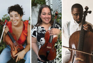 A three-panel image of classical musicians posing with string instruments. On the left, violinist Irie Monte smiles while holding a violin outdoors, wearing a red sleeveless top. In the center, violist Michelle Sanchez smiles while holding her viola in front of greenery and a white lattice. On the right, cellist Zach Brown looks down at his cello while seated indoors, wearing glasses and a light-colored shirt.