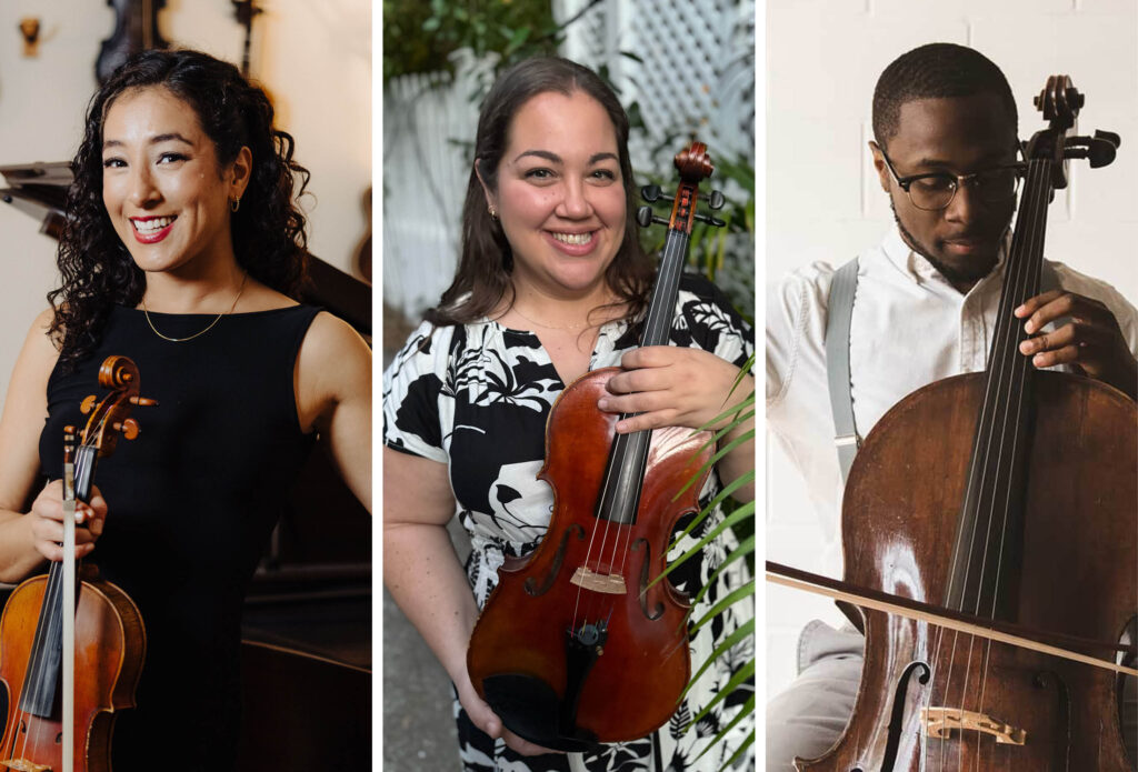 Three musicians pictured side by side: violinist Irie Monte smiling and holding her violin, violist Michelle Sanchez holding a viola, and cellist Zach Brown playing the cello.