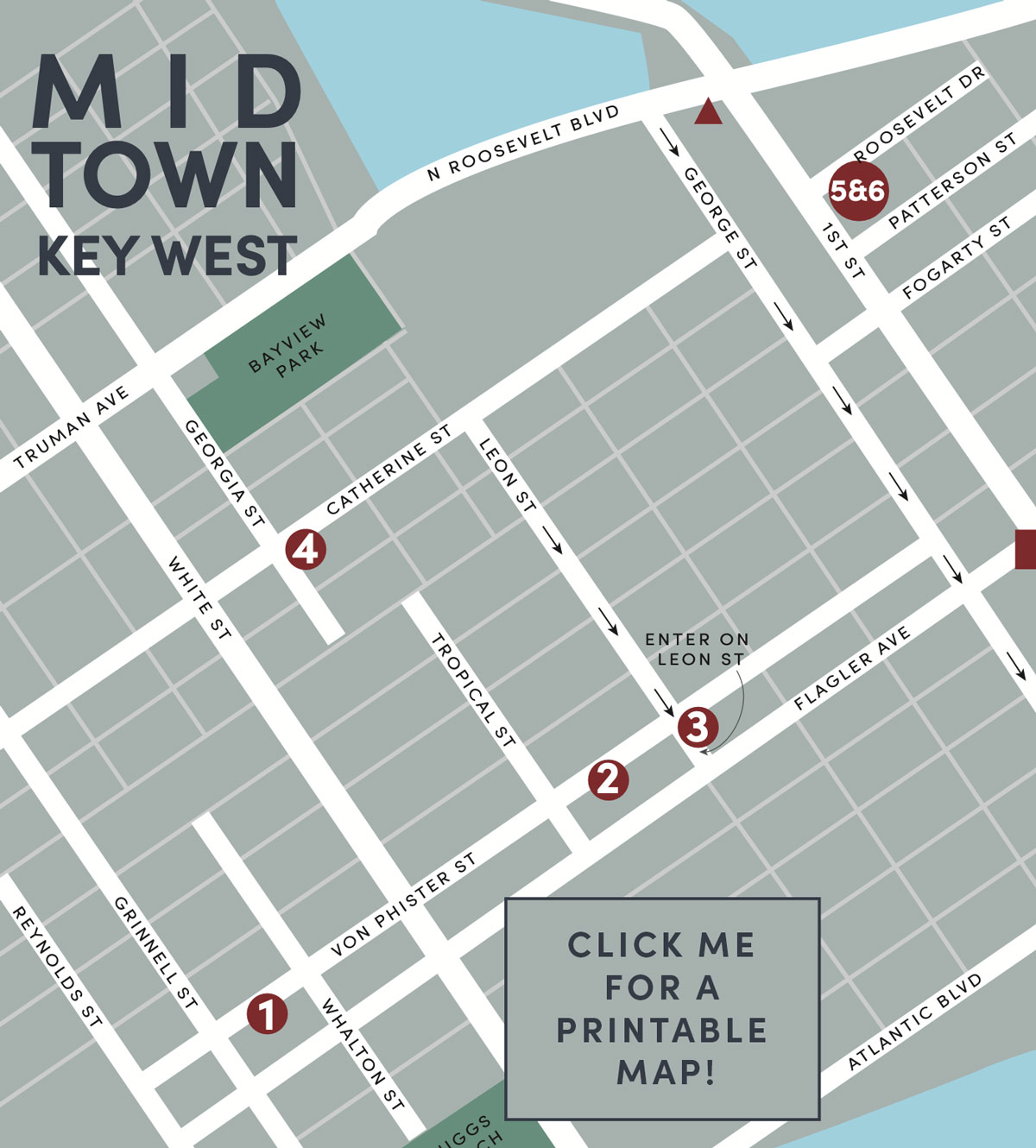 Map of Midtown Key West highlighting numbered Artist Studio Tour stops and a link to a printable map.