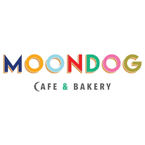 Moondog Café & Bakery logo featuring different color letters and the "c" in Cafe is a crescent moon.