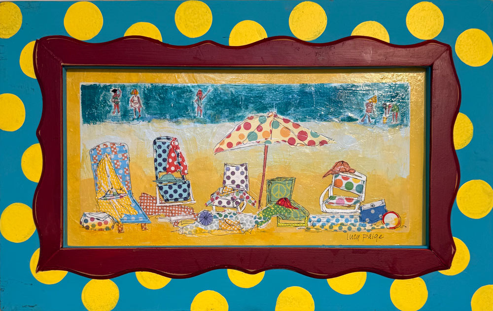 Whimsical beach scene with patterned chairs and umbrella in dotted frame