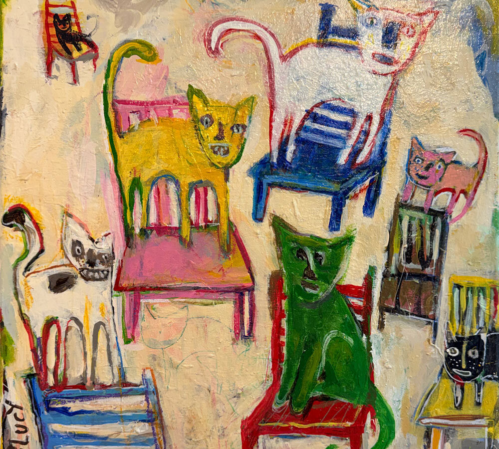 Playful painting of colorful cats perched on various chairs