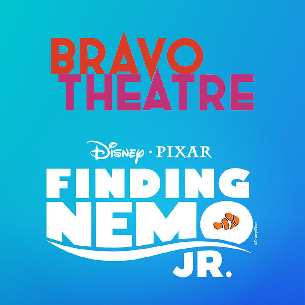 "Bravo Theatre" and "Disney Pixar Finding Nemo Jr." on a blue gradient background.