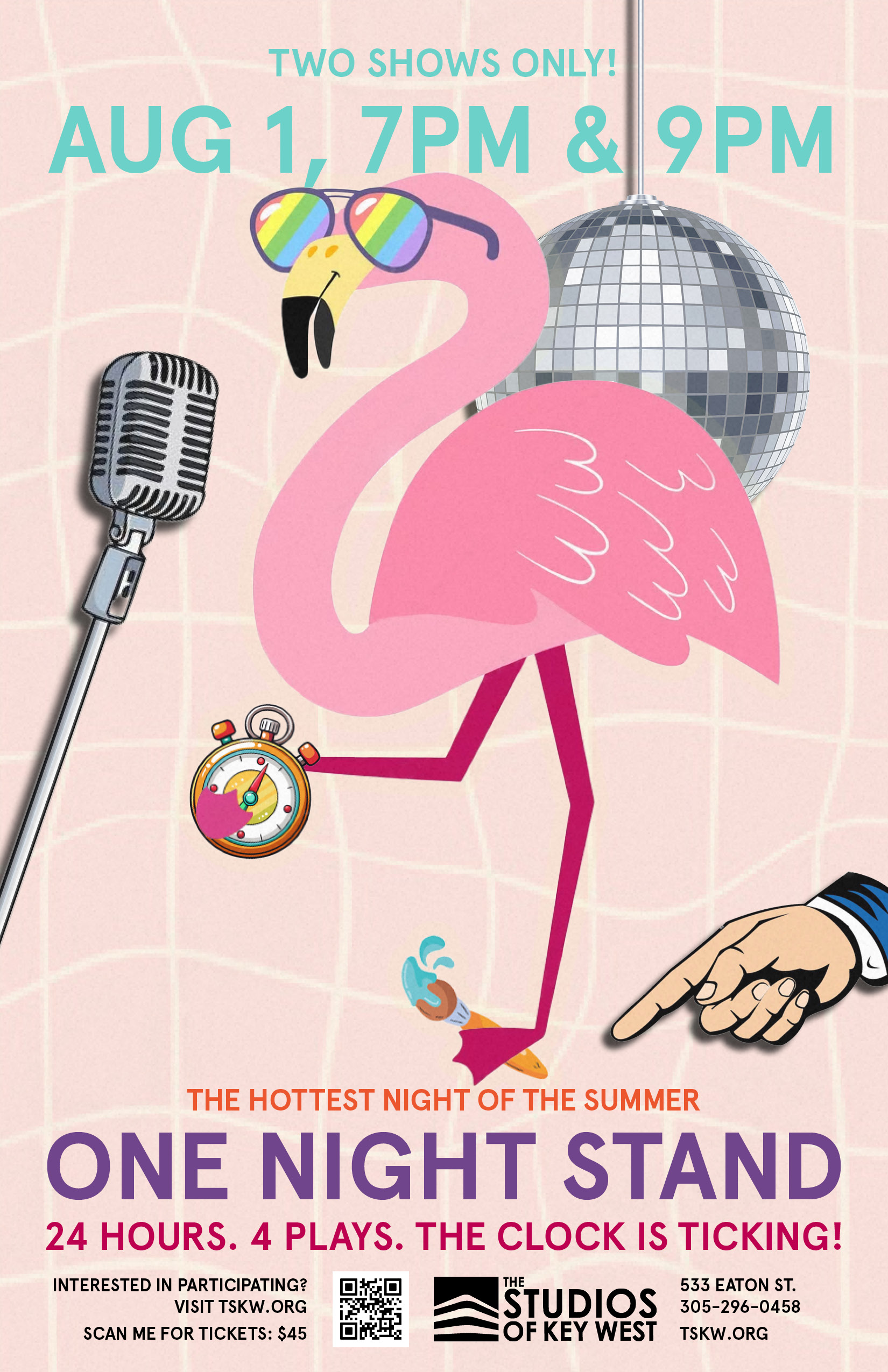 Poster for One Night Stand, a 24-hour theater event in Key West, featuring a flamingo with a stopwatch, microphone, and disco ball, with event date and times.