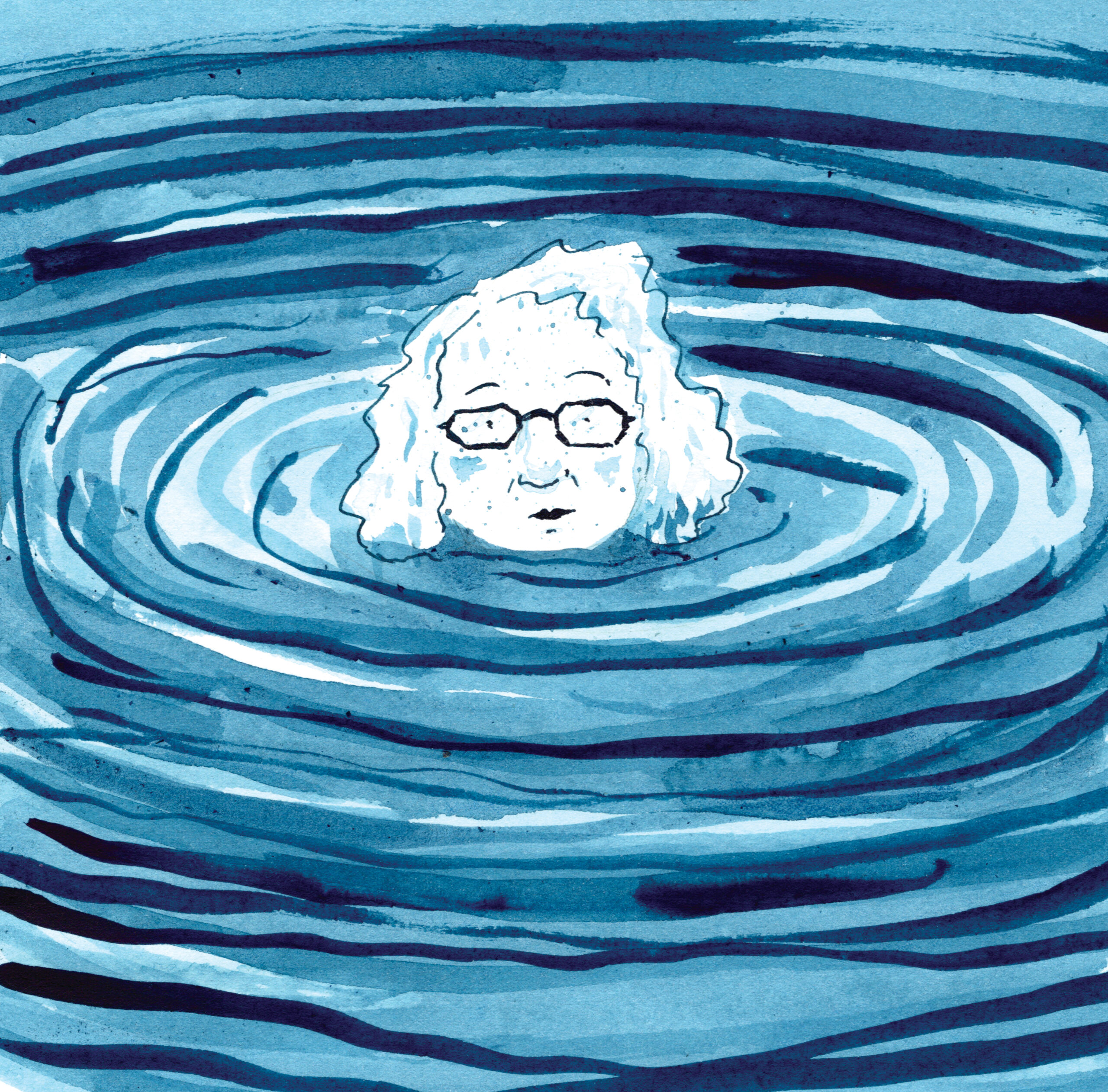 Blue-toned illustration of woman’s face emerging from swirling water ripples