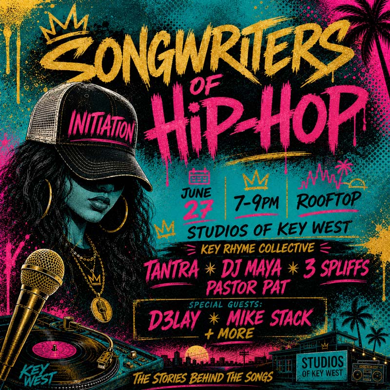 Colorful graffiti-style event poster reading ‘Songwriters of Hip-Hip,’ featuring the artist Tantra, DJ Maya, Pastor Pat, 3 Spliffs, special guests D3lay, Mike Stack + More and other cityscape and turntable illustrations.